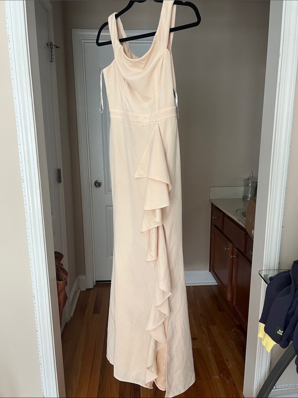 Lulu's Peach Sleeveless Cowl Maxi Dress with Cascade Ruffle